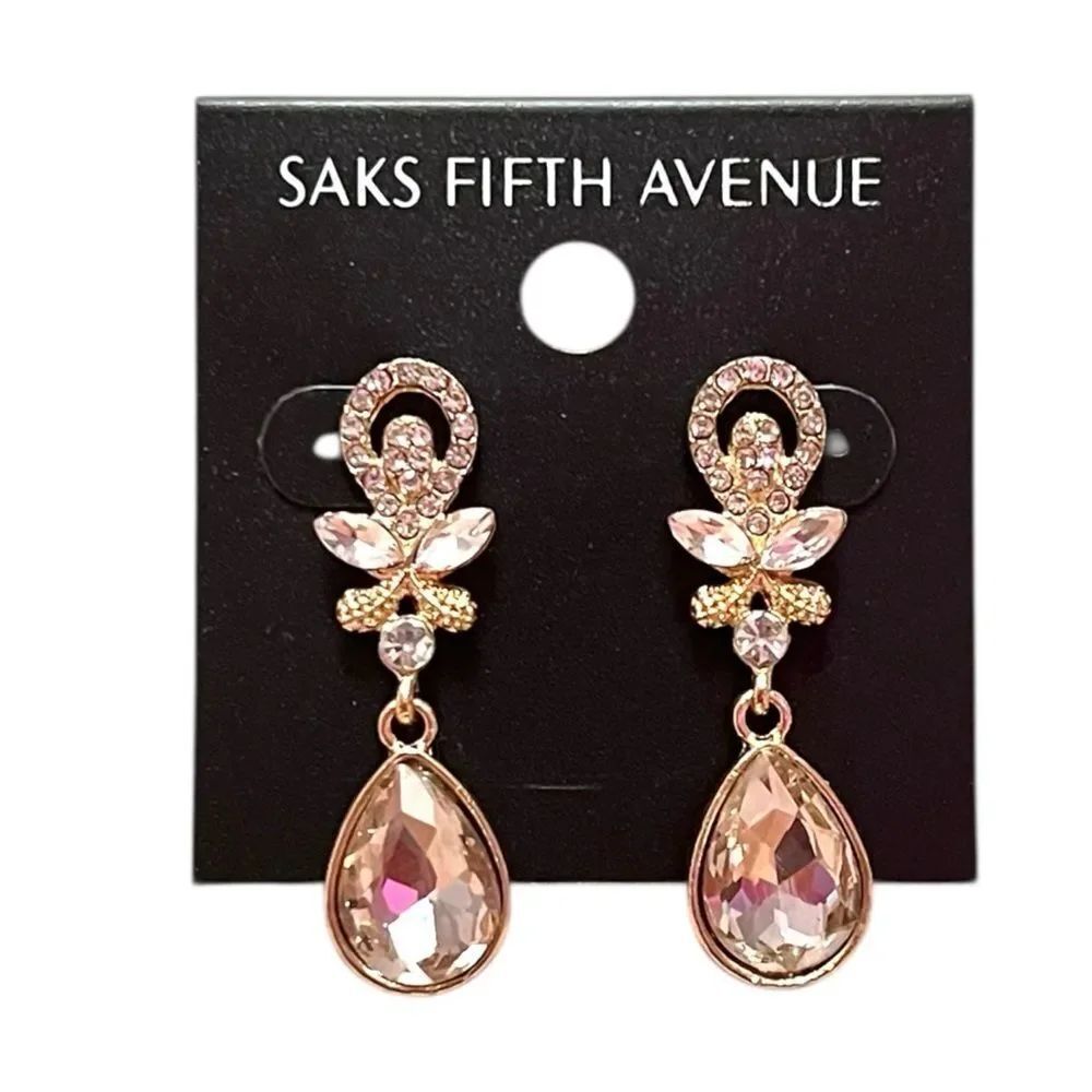 Saks Fifth Avenue Gold and Pink Teardrop Crystal Drop Earrings